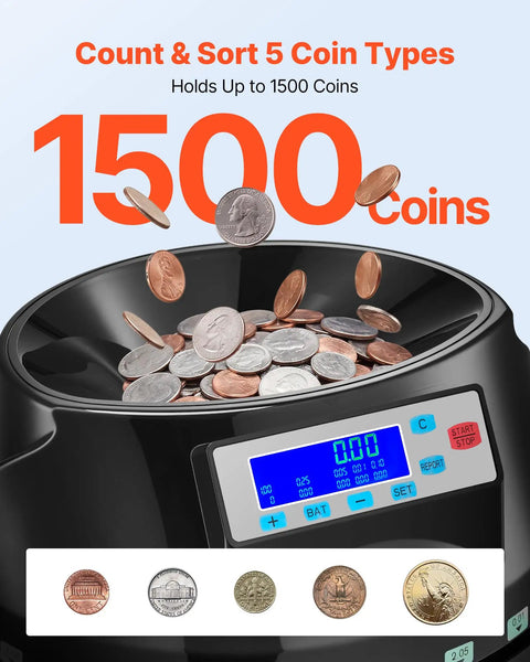 Heavy Duty US Coin Counter Sorter And Wrapper Machine Handles 5 Denominations with coins entering hopper and display panel.