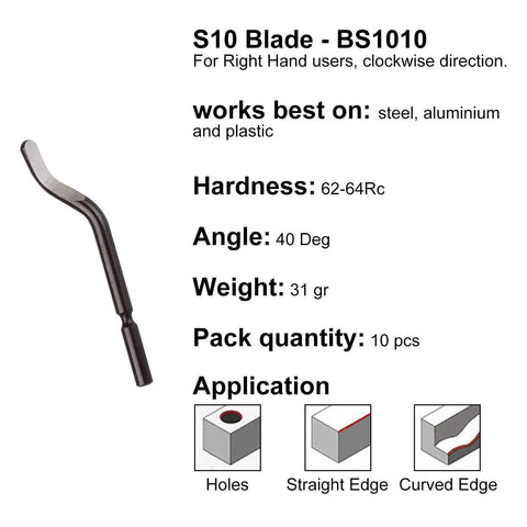 Side view of Acrux7 hand deburring tool with curved blade and black aluminum-silicone handle