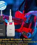 Upgrade 2.4GHz Wireless Guitar System Cordless with built-in rechargeable battery in use with electric guitar on stage.
