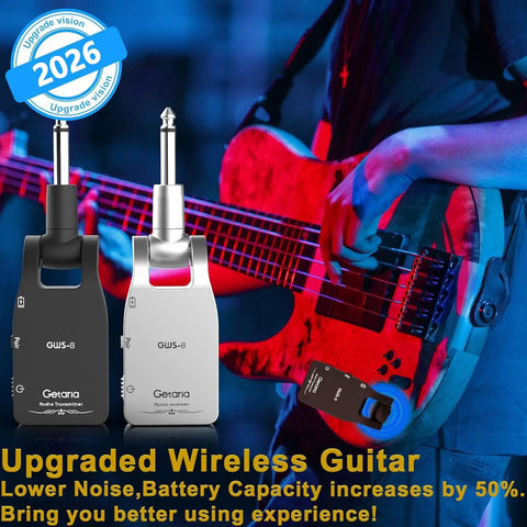 Upgrade 2.4GHz Wireless Guitar System Cordless with built-in rechargeable battery in use with electric guitar on stage.