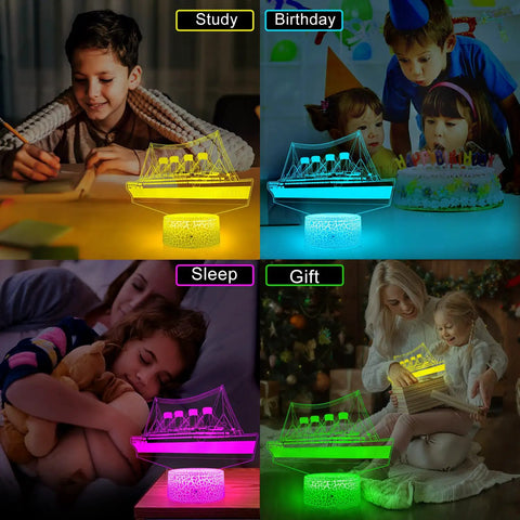 Titanic Night Light For Kids With Remote And Touch Control, 16 Color Changing LED Ship Night Light For Bedroom in various settings.
