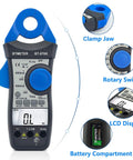 Clamp Meter Digital Multimeter For AC DC Voltage And Current with clamp jaw, rotary switch, LCD display, and battery compartment.