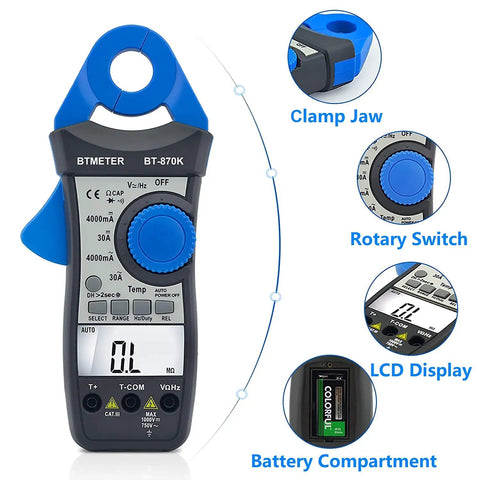 Clamp Meter Digital Multimeter For AC DC Voltage And Current with clamp jaw, rotary switch, LCD display, and battery compartment.