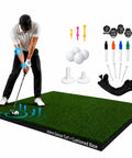 Man practicing swing on 5x4 Premium Pro Grade Golf Hitting Mat With 40mm Cushioned Turf For Joint Friendly Practice Indoor And Outdoor Use Includes Training Kit Trusted By PGA Tour Pro Jim Herman USA Owned Brand.