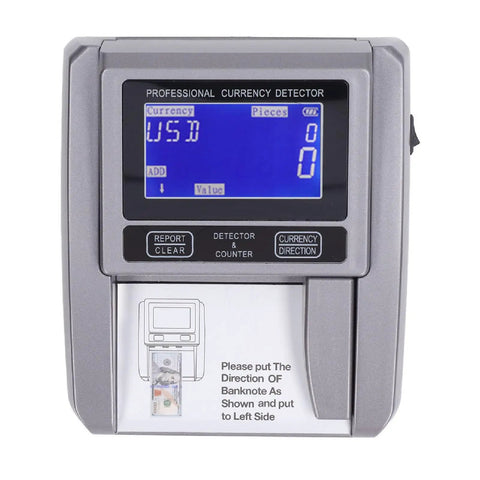 Fast Money Counter Machine With Bright LED Display Counts 120 Bills Per Minute No Jam Cash Counter In Multiple Modes Ideal For Shops And Retail 100 240 Volt US Plug showing USD and currency counting directions