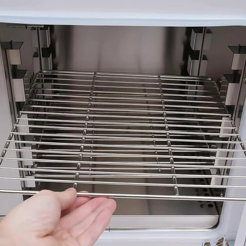 Heavy Duty Lab Drying Oven With Digital Forced Air Convection For Precise Temp Control Up To 300C, showing stainless steel rack inside.
