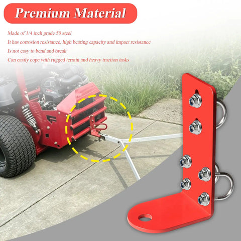 Heavy Duty 3/4 Inch Trailer Hitch Kit With Latch, U-Bolt, Nuts, Washers And R Clip installed on red lawn mower.
