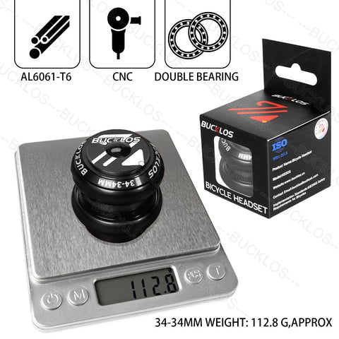 1-1/8 Inch Threadless Bike Headset For MTB And Road Bikes on scale showing 112.8g, CNC double bearing, AL6061-T6, box packaging
