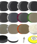 Pro Grade All In One 3 Inch Sanding Discs Kit 150 Pcs Silicon Carbide Wet Dry Hook And Loop 400 To 10000 Grit Includes One Quarter Inch Backing Pad Wool Pad And Soft Foam Pads with discs and pads displayed.