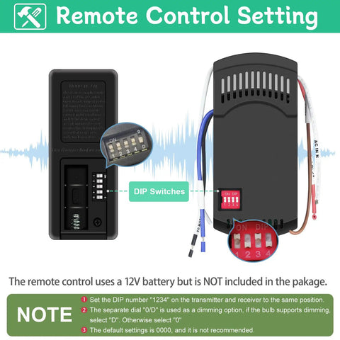 Universal Ceiling Fan Remote Control Kit with DIP switches for speed and light settings, 12V battery needed, instructions shown