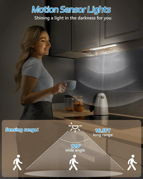 Woman using Rechargeable Motion Sensor Under Cabinet Lights 2 Pack With 30 LEDs, Wireless Magnetic Self Adhesive Closet Lighting in kitchen