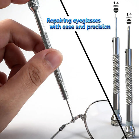 Hand holding screwdriver from All In One Eyeglass Repair Kit You Can Grab And Go With 18 Screw Sizes, 1.4mm Precision
