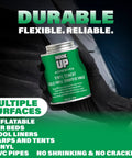 Vinyl Cement 8 Oz Waterproof Pool Liner Repair Glue held by gloved hand with green label showing durability for multiple surfaces
