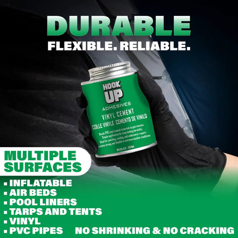 Vinyl Cement 8 Oz Waterproof Pool Liner Repair Glue held by gloved hand with green label showing durability for multiple surfaces