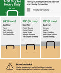Built Tough T50 304 Stainless Steel Staples For Staple Gun, Marine Grade Upholstery Fasteners showing 1/4, 3/8, and 1/2 inch sizes with usage details.