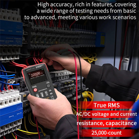 Technician using 2 In 1 Thermal Imaging Camera And True RMS Digital Multimeter For Electrical Inspections on circuit board