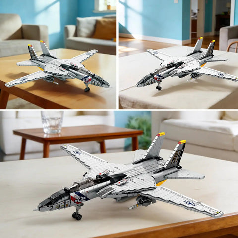 Three views of F14 Fighter Jet Building Kit For Adults Dope Realistic Military Aircraft Model on a table in a living room.