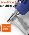 1000 Count 1/2 Inch 18 Gauge Narrow Crown Staples, Beveled Point Galvanized Heavy Duty Staples beside stapler nozzle