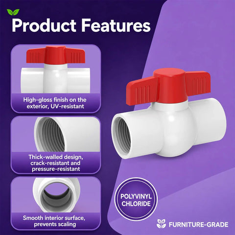 Six Pack Heavy Duty PVC Shut Off Ball Valves Featuring One Inch NPT Female Threads And Red T Handles Rated To 150 PSI showing high-gloss finish and thick-walled design.