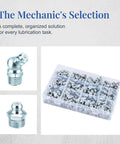 Top Tier Grease Fittings Kit With 100 Pieces Of Galvanized Steel Zerk Nipples Featuring Sae Metric Npt Styles In Straight 45 And 90 Degree Configurations Perfect For Auto Tractors Machinery Heavy Equipment And Daily Garage Jobs Under Any Conditions, 100-piece organizer