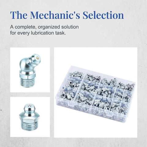 Top Tier Grease Fittings Kit With 100 Pieces Of Galvanized Steel Zerk Nipples Featuring Sae Metric Npt Styles In Straight 45 And 90 Degree Configurations Perfect For Auto Tractors Machinery Heavy Equipment And Daily Garage Jobs Under Any Conditions, 100-piece organizer