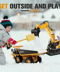 Child playing in snow with 11 Channel RC Excavator Toy For Kids 3-12, Metal Construction Truck nearby, promoting outdoor fun.