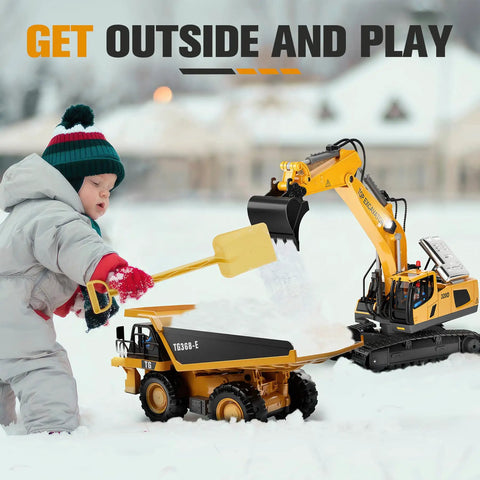 Child playing in snow with 11 Channel RC Excavator Toy For Kids 3-12, Metal Construction Truck nearby, promoting outdoor fun.