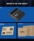 Industrial Managed Ethernet Switch With 8 Gigabit Ports And 2 SFP Ports, quick start guide, and packaging box contents.