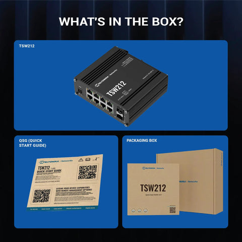 Industrial Managed Ethernet Switch With 8 Gigabit Ports And 2 SFP Ports, quick start guide, and packaging box contents.
