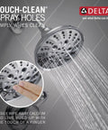 Esato 14 Series Single Handle Chrome Shower Faucet Kit With 5 Spray H2Okinetic PowerDrench Shower Head showing water spray and touch-clean feature.