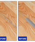 Before and after of Peel And Stick Self Adhesive Vinyl Floor Transition Strip 20 Feet Long Rubber Door Edge Trim on wood floor.