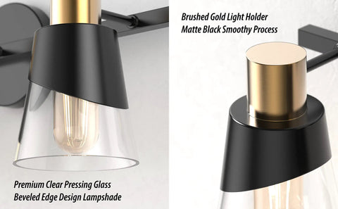 Beveled Edge Matte Black and Gold 3 Light Vanity Light for Bathroom Over Mirror Clear Glass Shade Wall Fixture Vintage Modern Farmhouse Vibe E26 Base Ready 20 Inch Long