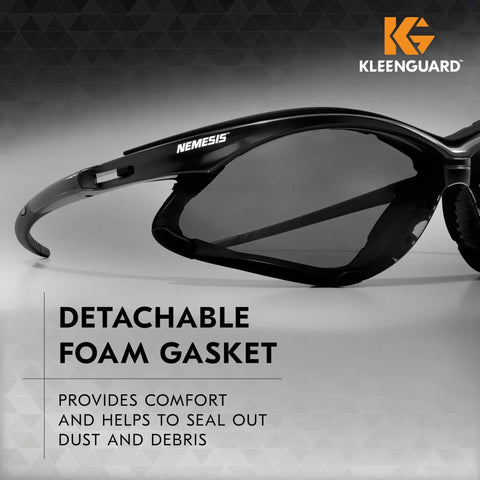 V30 Nemesis Foam Safety Glasses With Anti Fog Lenses Black Frame Unisex Eyewear For Men And Women close-up of foam gasket