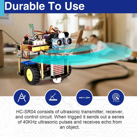 Robotic vehicle with Quad Pack Ultrasonic Distance Sensor Modules with Mounting Brackets for Arduino R3 Mega 2560