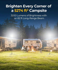 Camping scene with Telescoping Camping Light With 3200 Lumens LED Lantern, illuminating RVs and tents at night.
