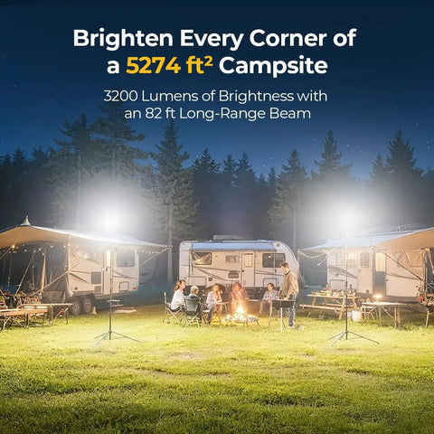 Camping scene with Telescoping Camping Light With 3200 Lumens LED Lantern, illuminating RVs and tents at night.