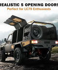 1 To 12 Scale RC Crawler Toyota LC79 4x4 Off Road Toy with realistic 5 opening doors and LED lights, shown in rugged terrain