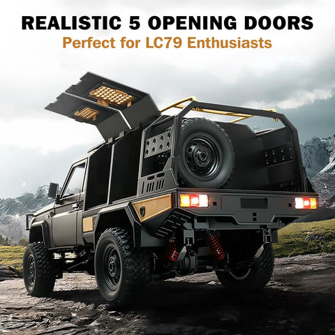 1 To 12 Scale RC Crawler Toyota LC79 4x4 Off Road Toy with realistic 5 opening doors and LED lights, shown in rugged terrain