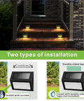 Level Up Your Deck Game With These Super Chill Non Glaring Warm White Solar Lights For Steps And Fences Featuring Tough Black Stainless Steel Housing Two Pack Outdoor Ambient Lighting installation guide with options for screws and double-sided tape.