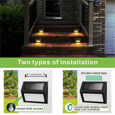 Level Up Your Deck Game With These Super Chill Non Glaring Warm White Solar Lights For Steps And Fences Featuring Tough Black Stainless Steel Housing Two Pack Outdoor Ambient Lighting installation guide with options for screws and double-sided tape.