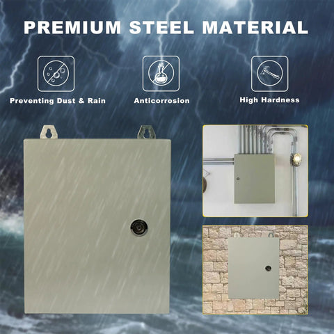 Heavy Duty Waterproof Electrical Enclosure 16 X 12 X 8 Inches Outdoor Weatherproof Junction Box With Reinforced Lock Gray on a stormy background.