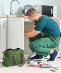 Handyman with green Canvas Tool Bag For Handyman Pros 12 Inch Small Tote With Large Capacity on kitchen floor