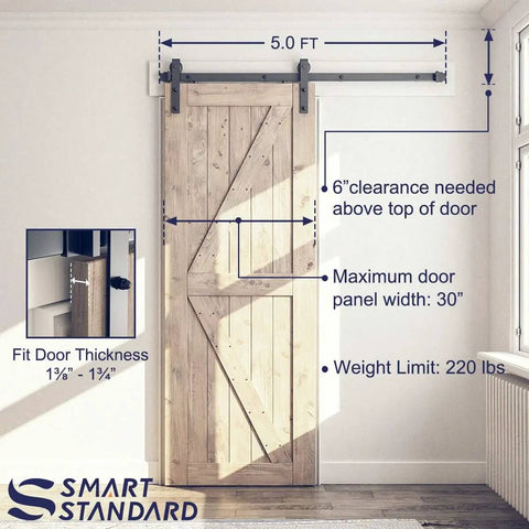 Heavy Duty Sliding Barn Door Hardware Kit For 30 Inch Wide Door Panel Black Finish With J Shape Hangers installed view