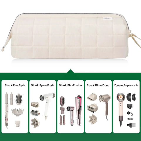 Grab And Go Travel Hair Tools Organizer Case For Dyson Airwrap And Shark FlexStyle Attachments, beige case with tools lineup
