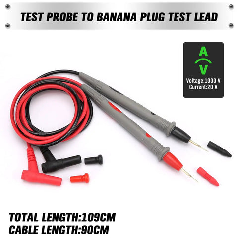 Two Piece Multimeter Test Probes Kit With Ultra Sharp Alloy Tips CAT III 1000V 20A Leads, red and black insulated cables visible.