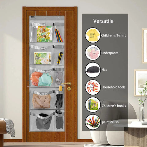 Weekly Kids Closet Organizer Hanging Wardrobe Organizer Monday Through Friday with clear PVC pockets and grey fabric on door