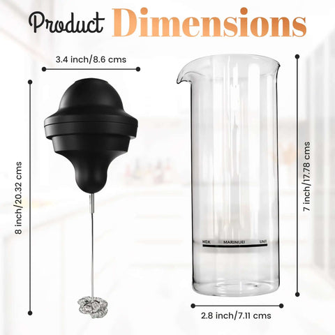 Milk Frother With Glass Pitcher Handheld Battery Operated Foam Maker dimensions shown with ABS body and stainless steel whisk