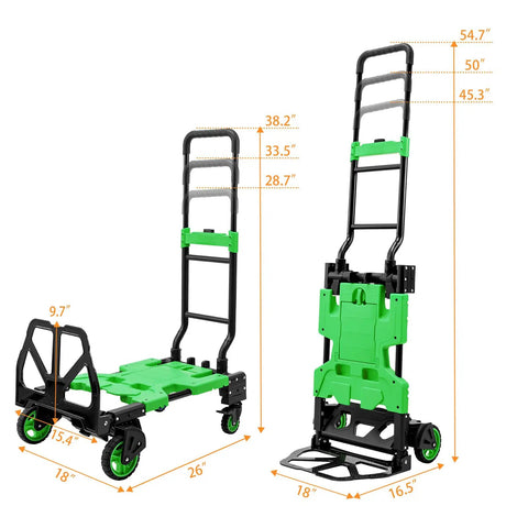 Grab-And-Go 2-In-1 Folding Hand Truck With Collapsible Crate Converts From 2-Wheel To 4-Wheel, 400 Lb Heavy-Duty Dolly Cart, Lightweight 15.9 Lb, 3-Position Adjustable Handle, And 59 Inch Bungee Cord With Hooks For Easy Hauls. Folded and open dimensions shown