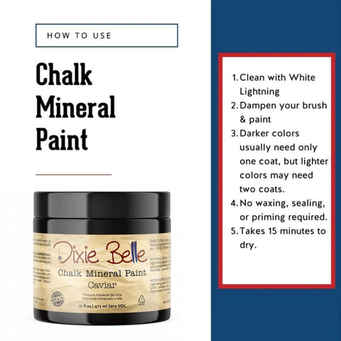 Chalk Mineral Furniture Paint Matte Black Caviar 16oz with application tips on cleaning and drying time