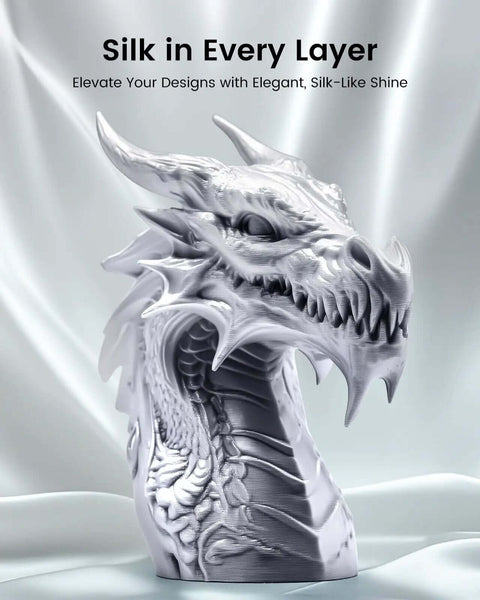 3D printed dragon using Silk PLA Plus Filament 1.75mm 1kg Silver With Chrome Like Gloss Finish And Smooth Silk Texture
